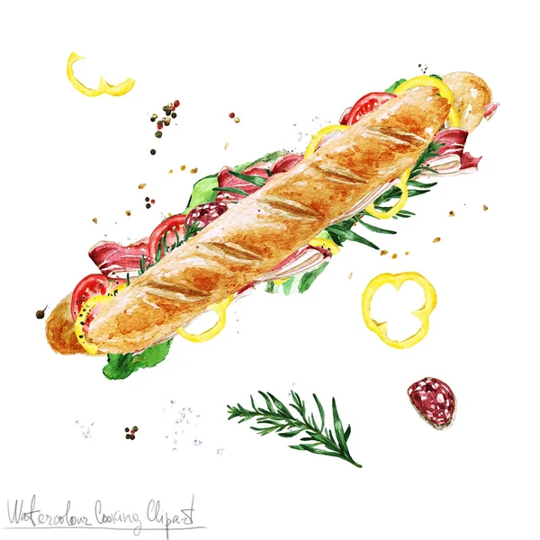 Akvarell élelmiszer Clipart - tengeralattjáró szendvics — Stock Fotó