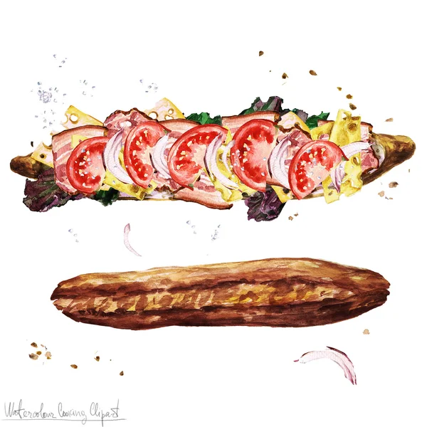 Aquarell Lebensmittel Clipart - U-Boot-Sandwich — Stockfoto