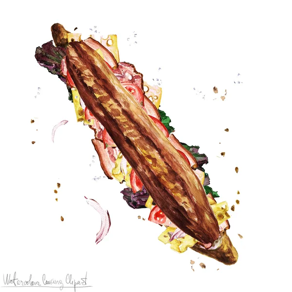 Clipart alimentaire aquarelle Sandwich sous-marin — Photo