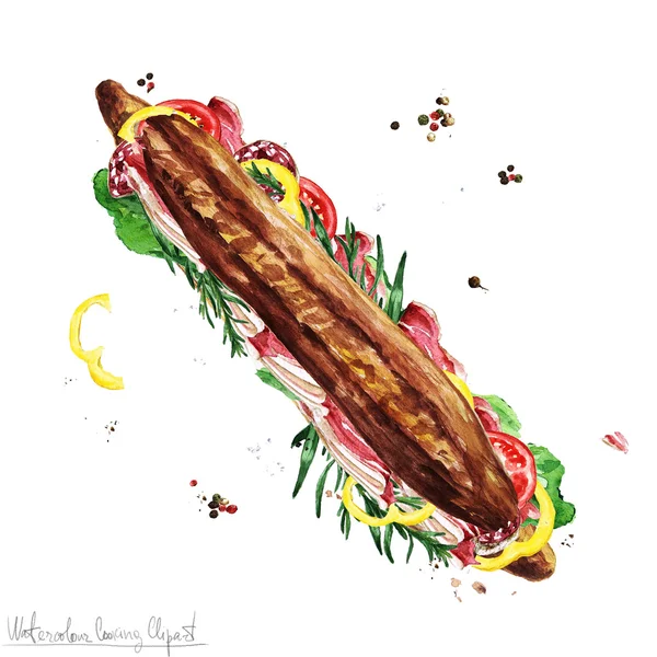 水彩食べ物クリップアート - サブマリン サンドイッチ — ストック写真