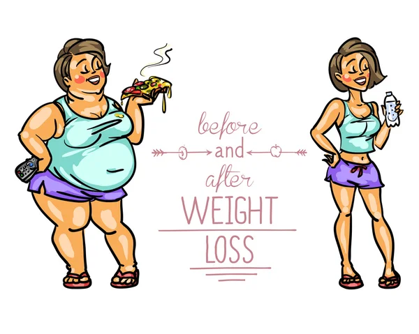 Woman before and after weight loss. — Stock Vector