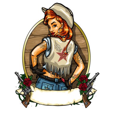 Şerit afiş ve toplarla Pin Up kız etiketi