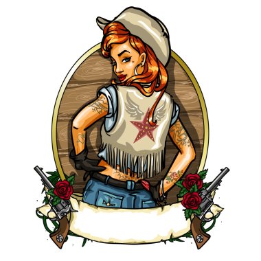 Pin Up Girl label with ribbon banner and guns clipart