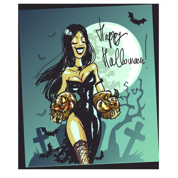 Bruja de Halloween con calabaza. Feliz tarjeta de Halloween — Archivo Imágenes Vectoriales
