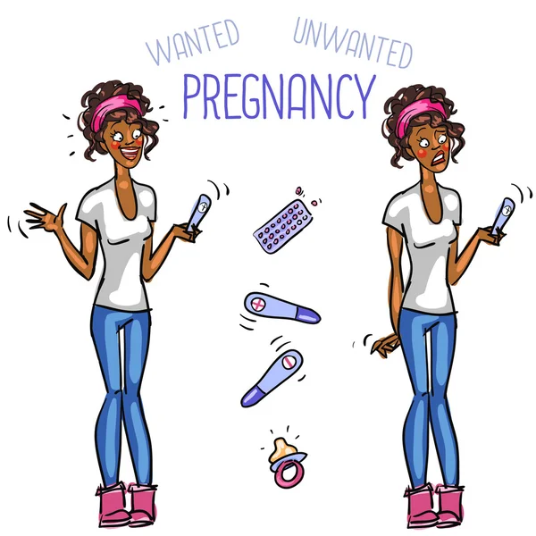 Happy and Unhappy girl with pregnancy test — Stock Vector