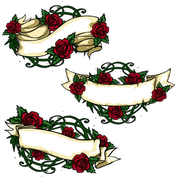 Bannières en ruban avec des roses autour . — Image vectorielle