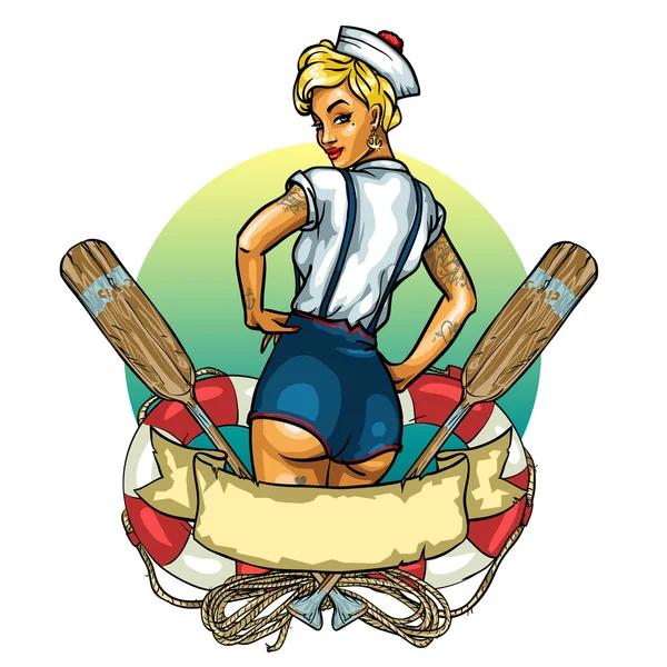 Pin Up Sailor Girl aislado en blanco - etiqueta — Archivo Imágenes Vectoriales