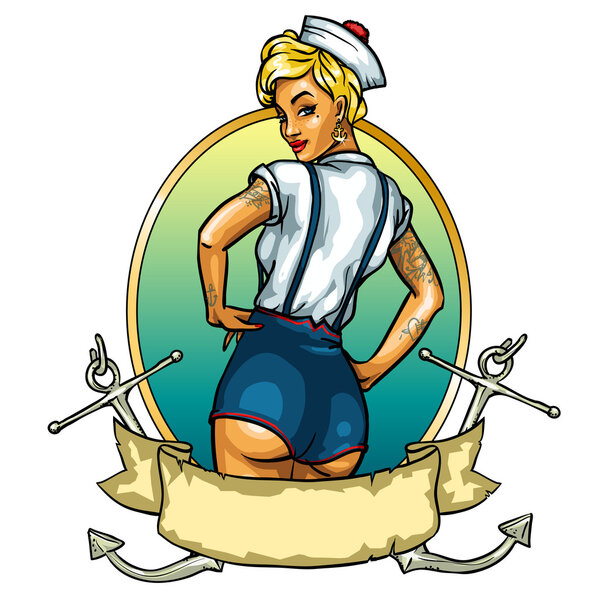 Pin Up Sailor Girl изолированы на белом - этикетка
