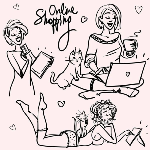 Счастливые женщины делают покупки в Интернете — стоковый вектор