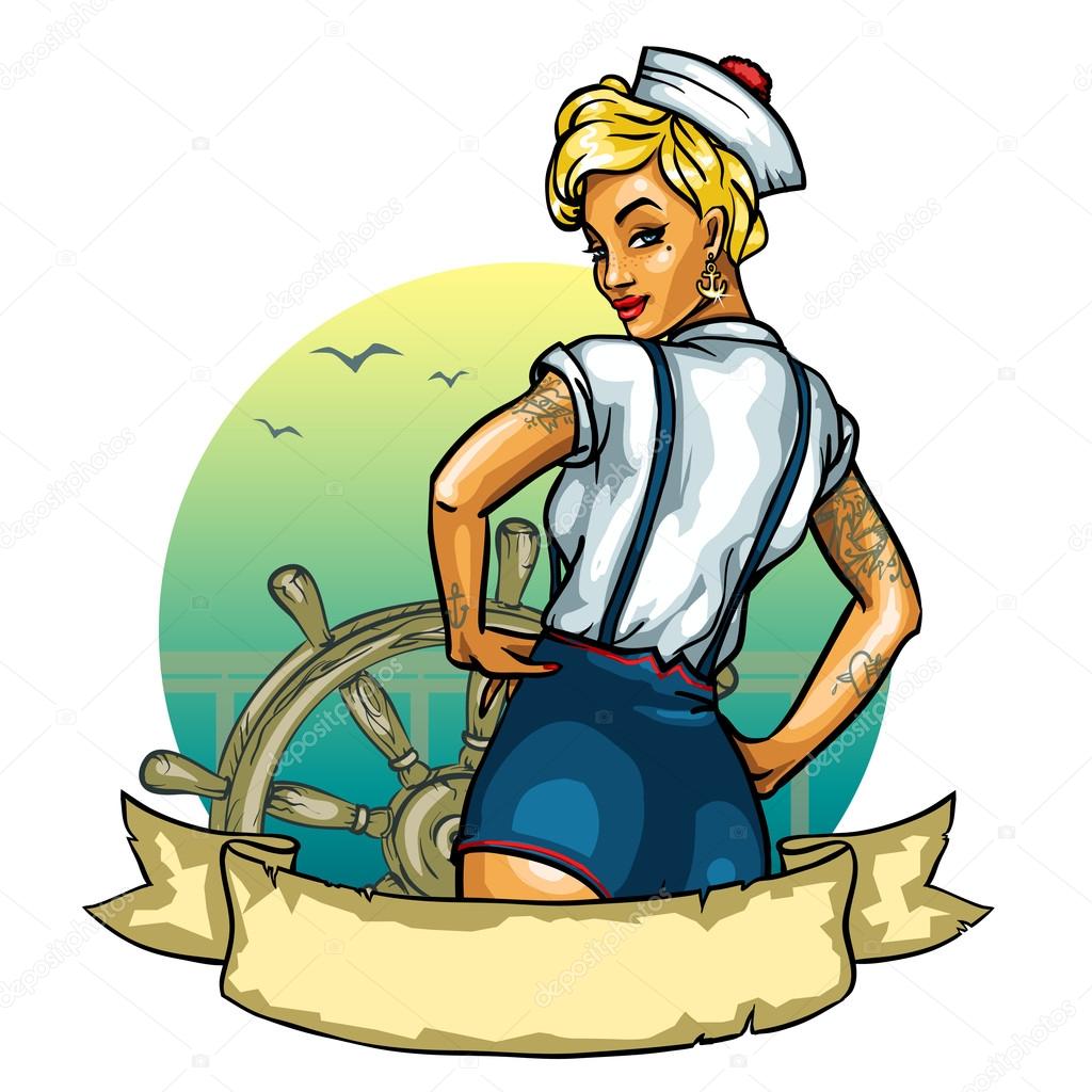 Pin Up Sailor Girl isolated on white - label