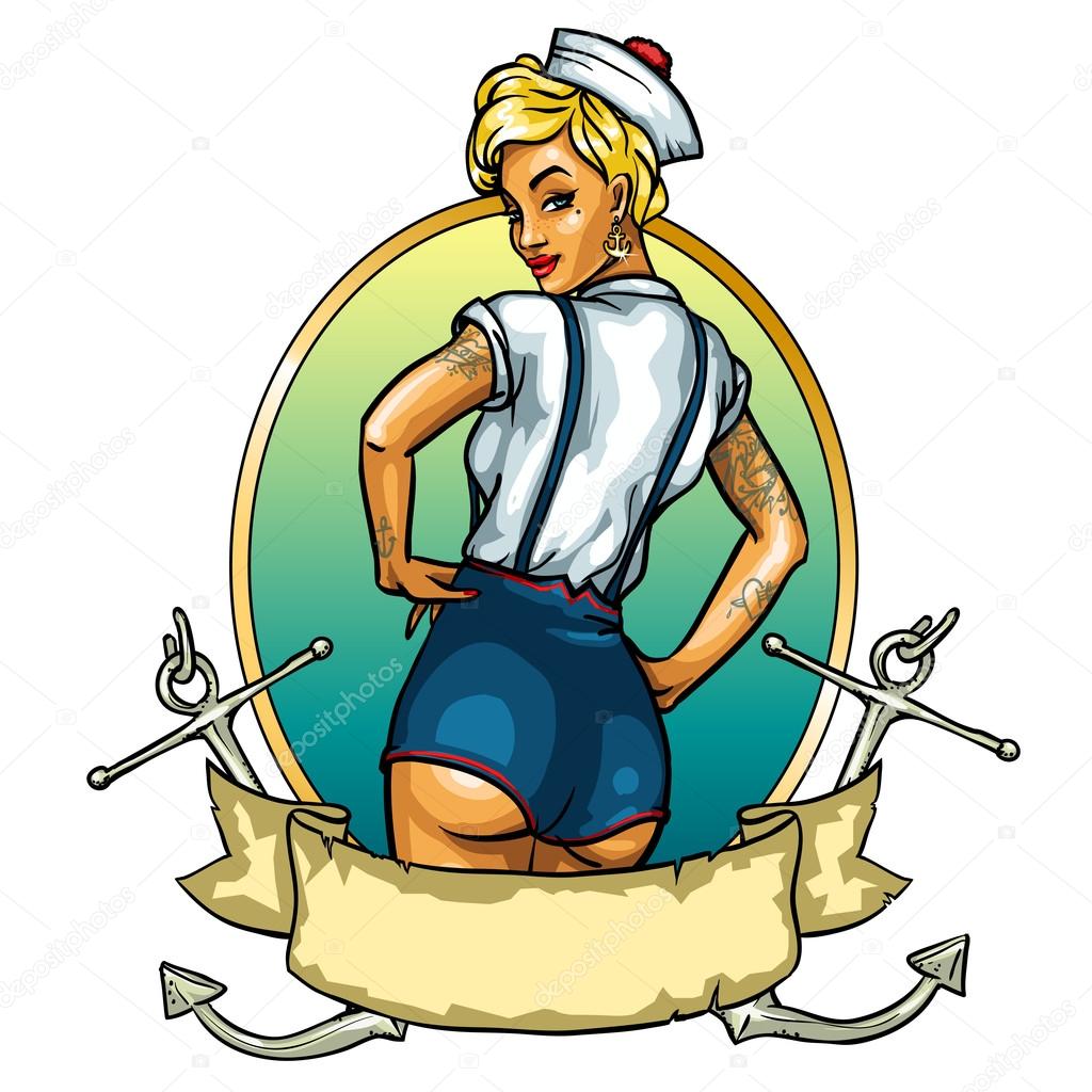Pin Up Sailor Girl isolated on white - label