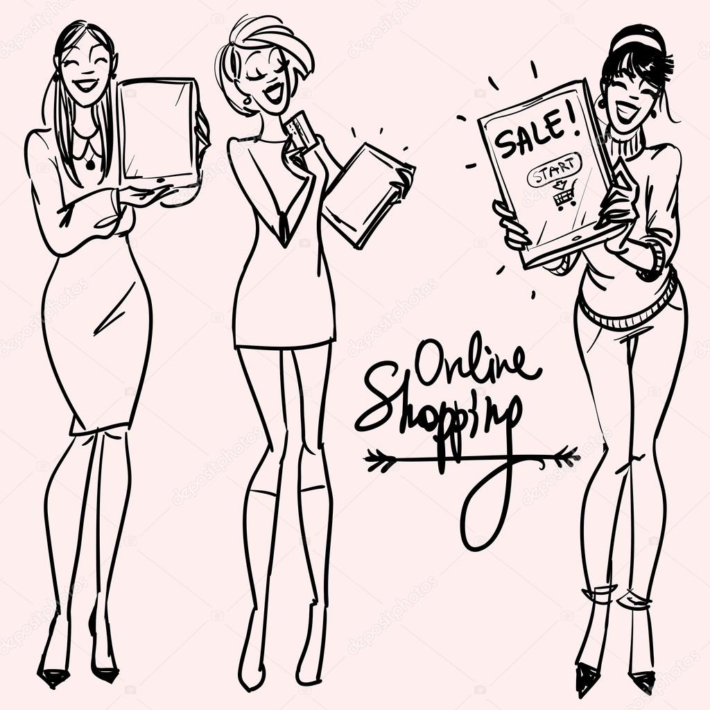 Happy women shopping on-line