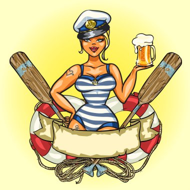 Pin Up denizci kız soğuk bir bira ile