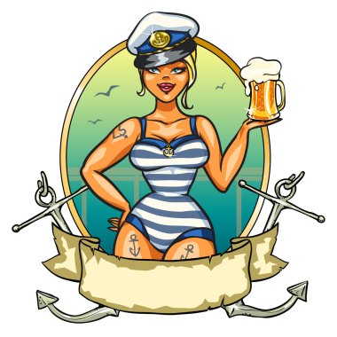 Pin Up denizci kız soğuk bir bira ile
