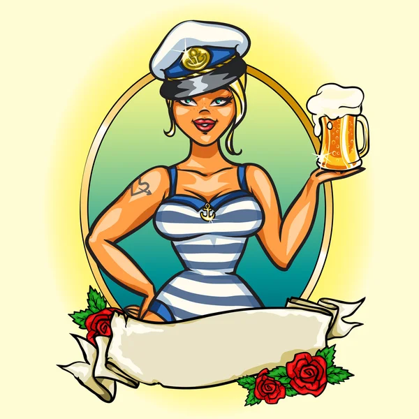 Pin Up Sailor Girl с холодным пивом — стоковый вектор