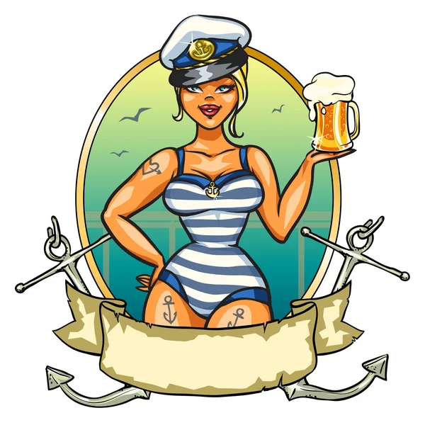 Pin Up Sailor Girl avec bière froide — Image vectorielle