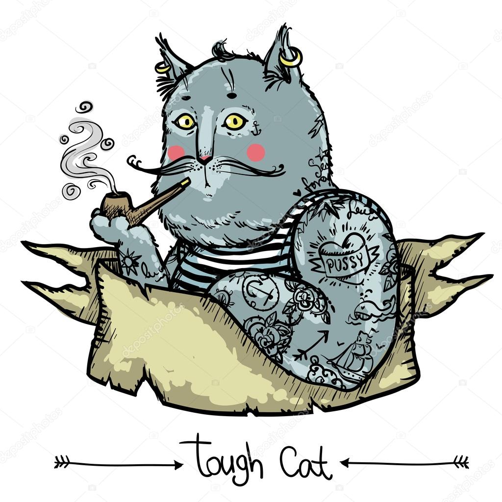Tough Cat - hand drawn illustration