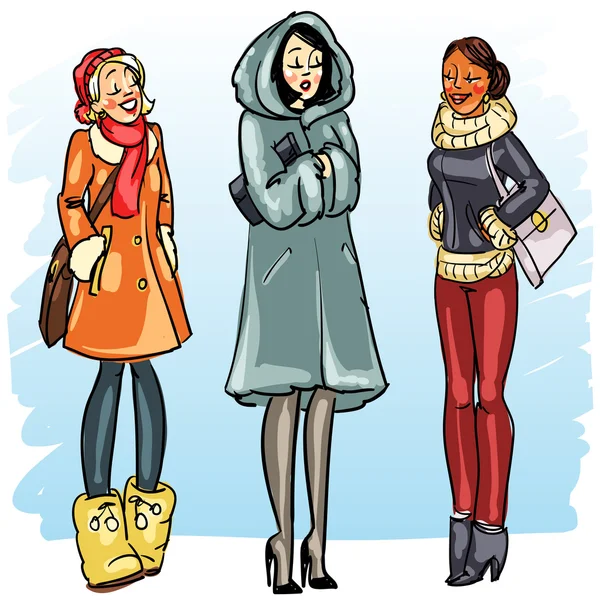 Femmes heureuses en vêtements d'hiver . — Image vectorielle