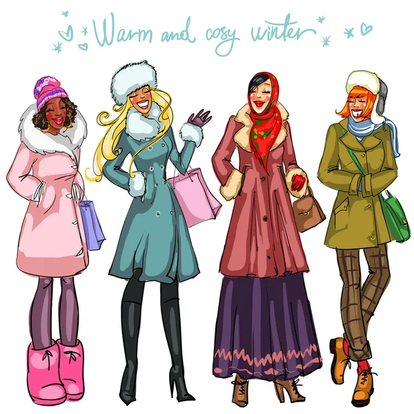 Gelukkig vrouwen in winter kleding. — Stockvector