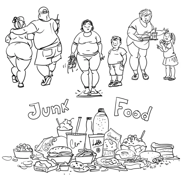 Junk Food und fettleibige Menschen. — Stockvektor
