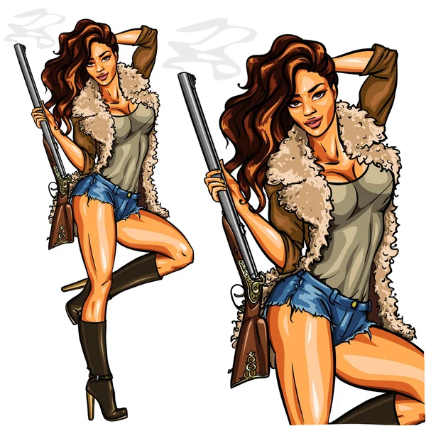 Jolie fille avec fusil de chasse — Image vectorielle