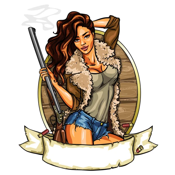 Hunting label with pretty woman holding shot gun — Stock Vector