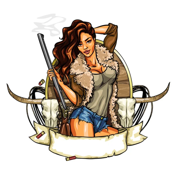Etiqueta de caza con la mujer bonita sosteniendo pistola de tiro — Vector de stock