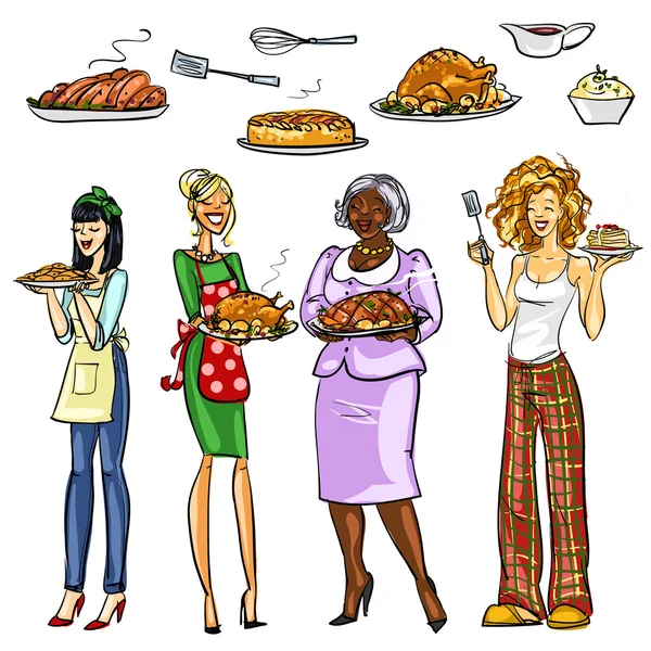 Ładny housewifes z posiłków — Wektor stockowy