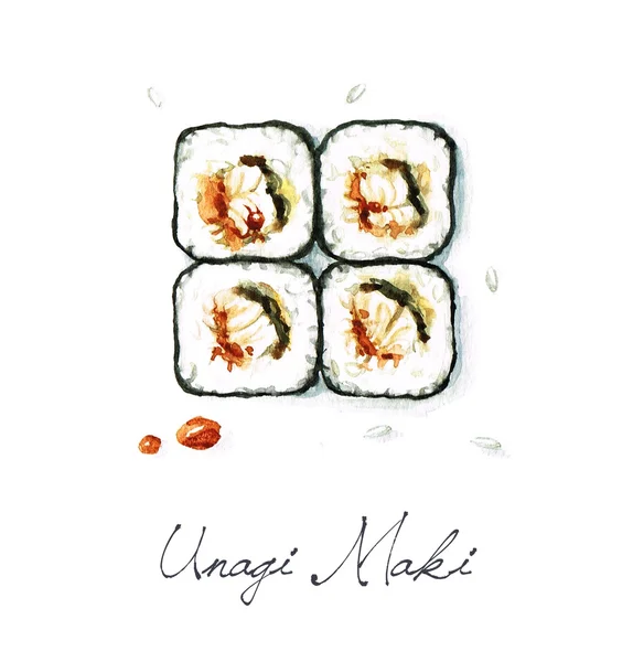 Unagi Maki - aquarel voedsel collectie — Stockfoto