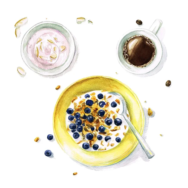 Reggeli - akvarell élelmiszer-gyűjtemény — Stock Fotó