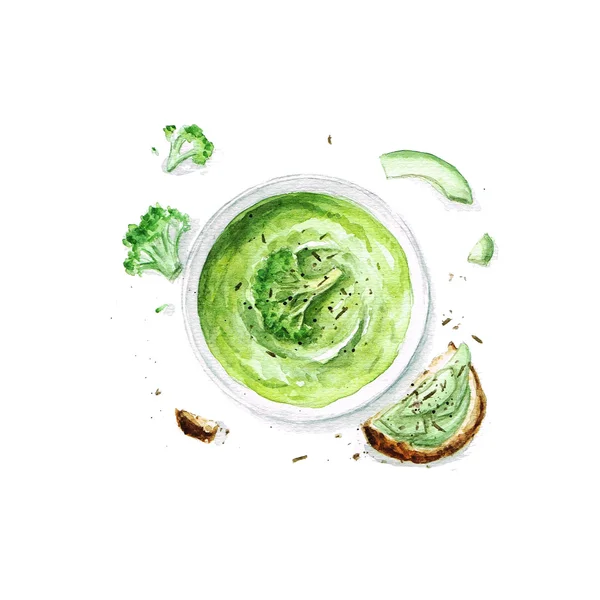 Brokolicová polévka - akvarel potravinové sbírky — Stock fotografie