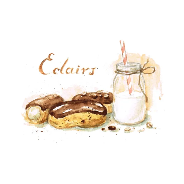 Eclairs - Watercolor Food Collection — Stock Photo, Image