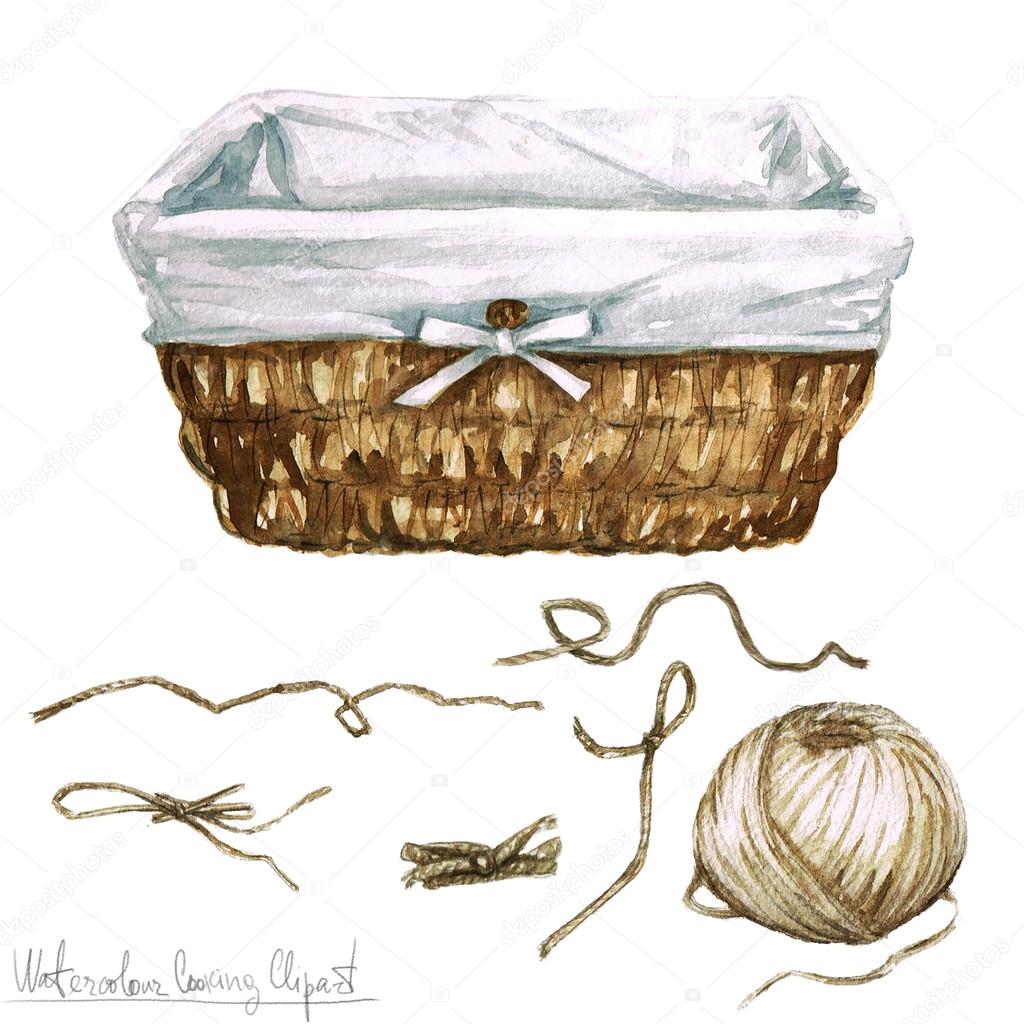 Watercolor Cooking Clipart - Basket and Roll of twin