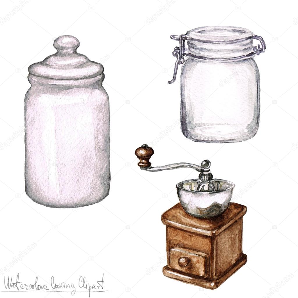 Watercolor Cooking Clipart - Coffee grinder and Jars