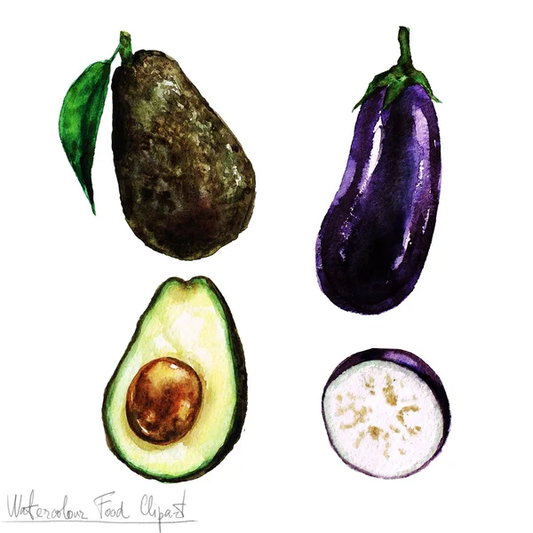 Акварель їжі кліпарт - баклажани і авокадо — стокове фото