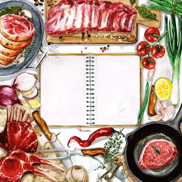 Watercolor background Cooking Meat Stock Photo by ©nataliahubbert