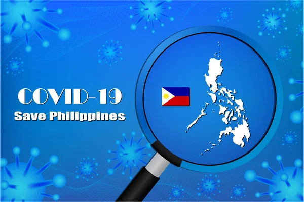 拯救菲律宾以阻止病毒的出现 在蓝色背景下分离的Covid 19病毒细胞或Corona病毒与细菌的特写 — 图库矢量图片