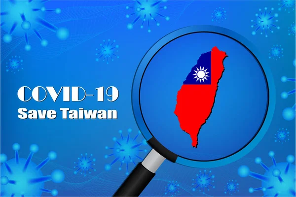 台湾を保存してウイルスの兆候を止める 青色の背景に隔離されたCovid 19ウイルス細胞やコロナウイルスや細菌 ポスター広告チラシベクトルイラスト — ストックベクタ