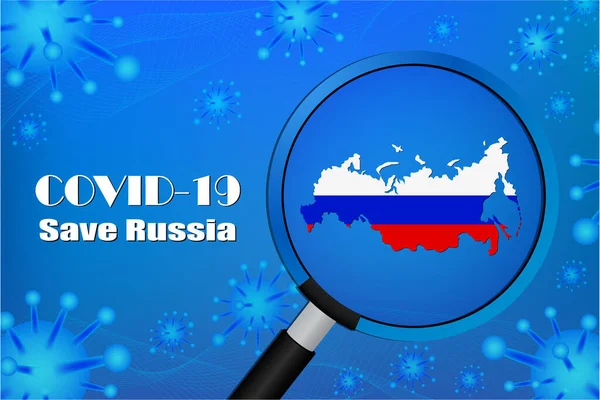 ロシアを救うウイルスの兆候を止める 青色の背景に隔離されたCovid 19ウイルス細胞またはコロナウイルスと細菌 — ストックベクタ