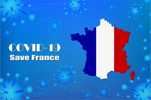 拯救法国阻止病毒的信号 Covid 19病毒或Corona病毒和细菌在蓝色背景下被分离 — 图库矢量图片
