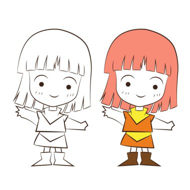 Beyaz arka planda sevimli çizgi film kızı, vektör yansıması.