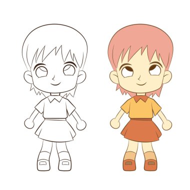 Beyaz arka planda sevimli çizgi film kızı, vektör yansıması.