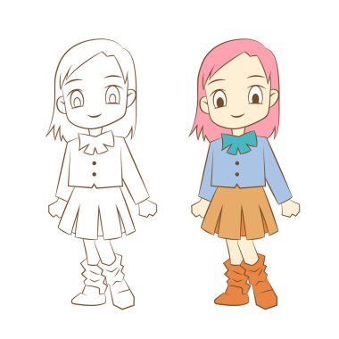 Beyaz arka planda sevimli çizgi film kızı, vektör yansıması.