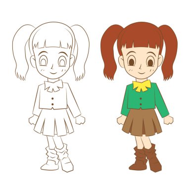 Beyaz arka planda sevimli çizgi film kızı, vektör yansıması.