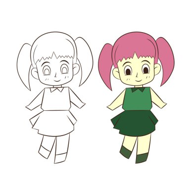 Beyaz arka planda sevimli çizgi film kızı, vektör yansıması.