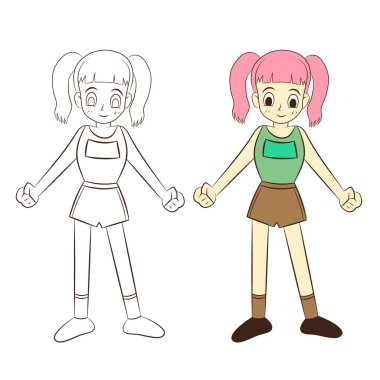 Beyaz arka planda sevimli çizgi film kızı, vektör yansıması.