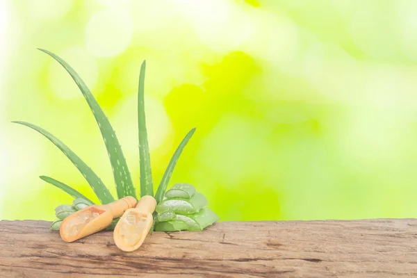 Aloe Vera Produktens Display Trä Counter Bakgrund — Stockfoto