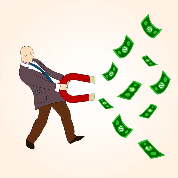 Ímã do dinheiro: Personagem dos desenhos animados atraindo dinheiro com ímã . — Vetor de Stock