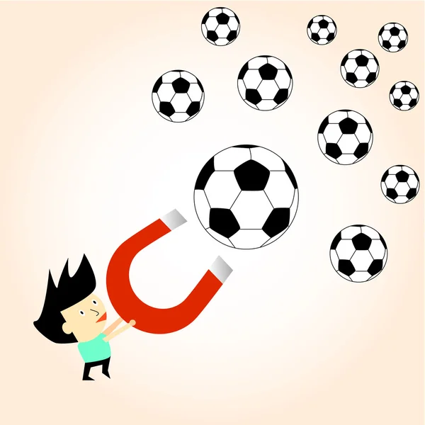 Bola de futebol atraído com ímã campo magnético vetor illust — Vetor de Stock