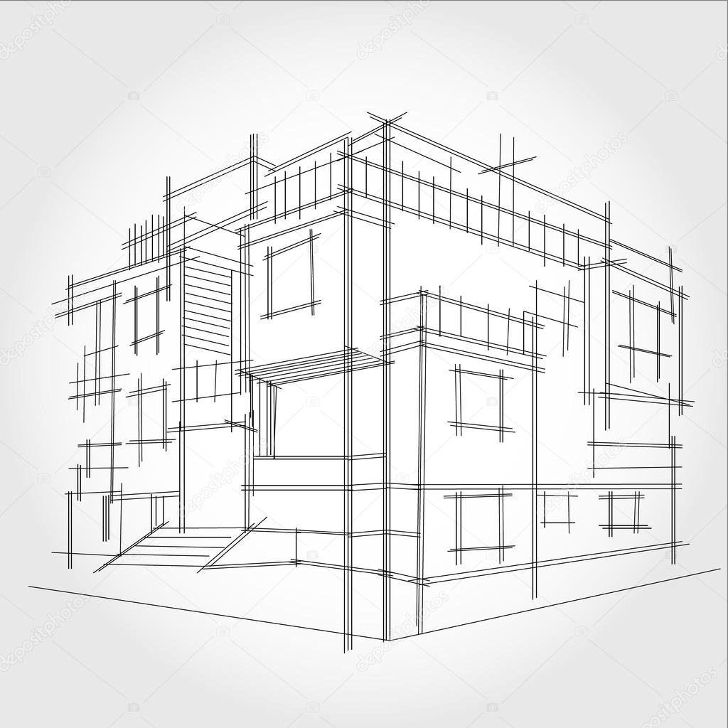 3D rendering wire-frame of house. White background.